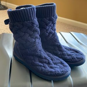UGG Navy Sweater Booties with ribbon tie back